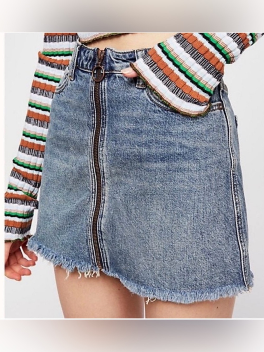 We The Free Distressed Blue Denim Mini Skirt with Front Ring Zip